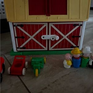 Vintage Red and Yellow Toy Barn Set with toys animals